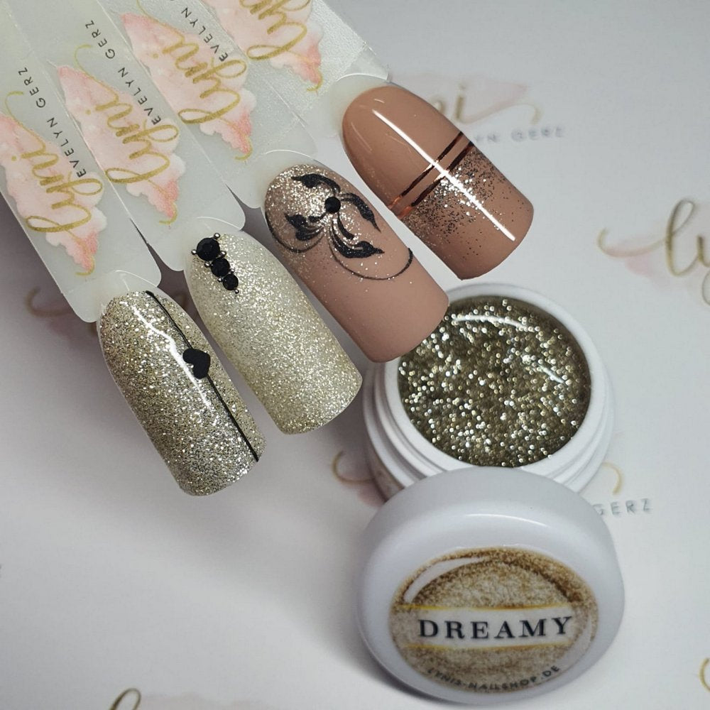 Farbgel Dreamy 5ml Premium* für Nageldesign Nägel & Nagelstudios Farbgel Dreamy 5ml Premium*, color gel, effektgel, Farbe für Nägel, Gel Farben, Gelnägel Farbe, Glitter Gel, Glitzergel, gold für Nägel im Nageldesign & Nagelstudios