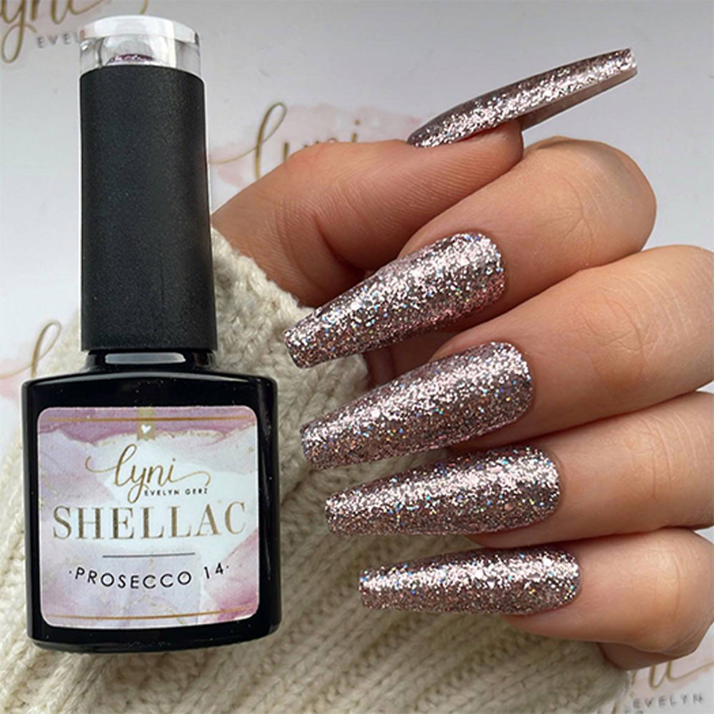 Shellac · Prosecco 14 für Nageldesign Nägel & Nagelstudios Shellac · Prosecco 14, Farben, flexibel, Gellack, Gelpolish, glimmer, Glitzer, Rosa, Rose, UV nagellack für Nägel im Nageldesign & Nagelstudios