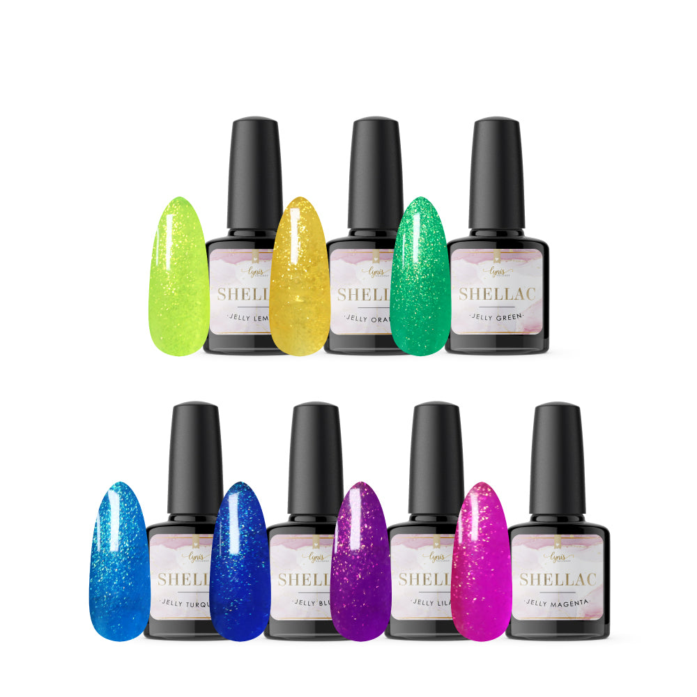 Jelly Shellac Set für Nageldesign Nägel & Nagelstudios Jelly Shellac Set, effekt Shellac, funkeln, gellack, gelpolish, glitter, glitzer, glitzer lacke, schimmer für Nägel im Nageldesign & Nagelstudios