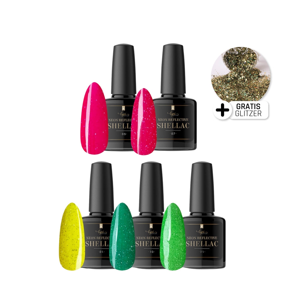Shellac · Neon Reflective Set 7,3ml für Nageldesign Nägel & Nagelstudios Shellac · Neon Reflective Set 7,3ml, bunt, disco, effekt Shellac, funkeln, gellack, gelpolish, glitter, glitzer, glitzer lacke, knallig, leuchtende farben, reflektierend, set für Nägel im Nageldesign & Nagelstudios