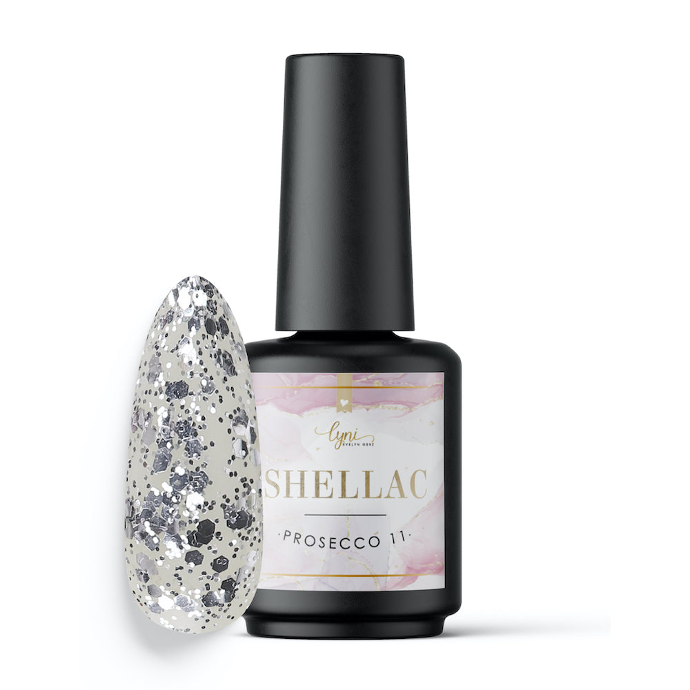 Shellac · Prosecco 11 für Nageldesign Nägel & Nagelstudios Shellac · Prosecco 11, Farben, flexibel, Gellack, Gelpolish, glimmer, Glitzer, silber, UV nagellack für Nägel im Nageldesign & Nagelstudios