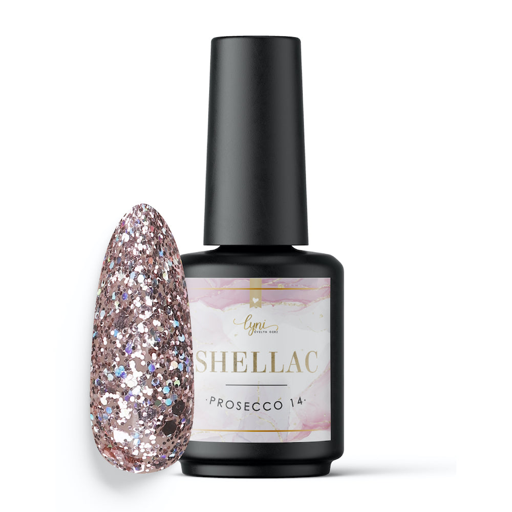 Shellac · Prosecco 14 für Nageldesign Nägel & Nagelstudios Shellac · Prosecco 14, Farben, flexibel, Gellack, Gelpolish, glimmer, Glitzer, Rosa, Rose, UV nagellack für Nägel im Nageldesign & Nagelstudios