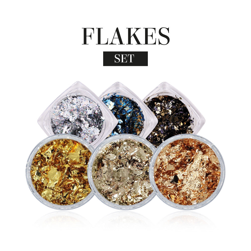 Golden Flakes Set für Nageldesign Nägel & Nagelstudios Golden Flakes Set, blattgold, Deko, dünne Folie, feines Papier, gelb, gold, grau, Nailart, Nailfolie, rosa, rose, set, Silber, sparen, verzieren für Nägel im Nageldesign & Nagelstudios