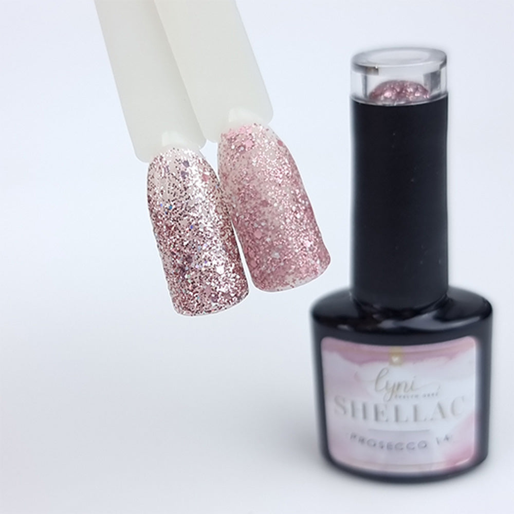 Shellac · Prosecco 14 für Nageldesign Nägel & Nagelstudios Shellac · Prosecco 14, Farben, flexibel, Gellack, Gelpolish, glimmer, Glitzer, Rosa, Rose, UV nagellack für Nägel im Nageldesign & Nagelstudios