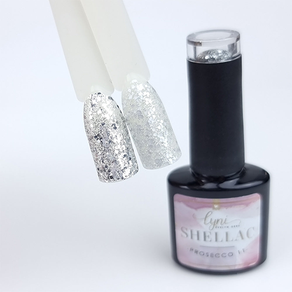 Shellac · Prosecco 11 für Nageldesign Nägel & Nagelstudios Shellac · Prosecco 11, Farben, flexibel, Gellack, Gelpolish, glimmer, Glitzer, silber, UV nagellack für Nägel im Nageldesign & Nagelstudios