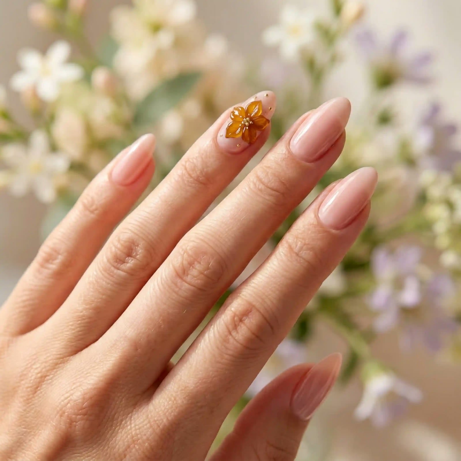 Frühlingsnägel mit gelber Blüte vor Blumen