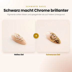Chrome-Pigment auf hellem und auf schwarzem Gel – schwarze Basis macht den Spiegeleffekt brillanter