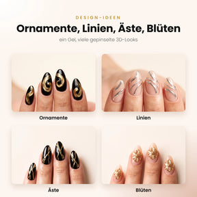 Design-Ideen mit 3D Chrome Gel – gepinselte Ornamente, Linien, Äste und Blüten in Gold- und Silber-Chrome