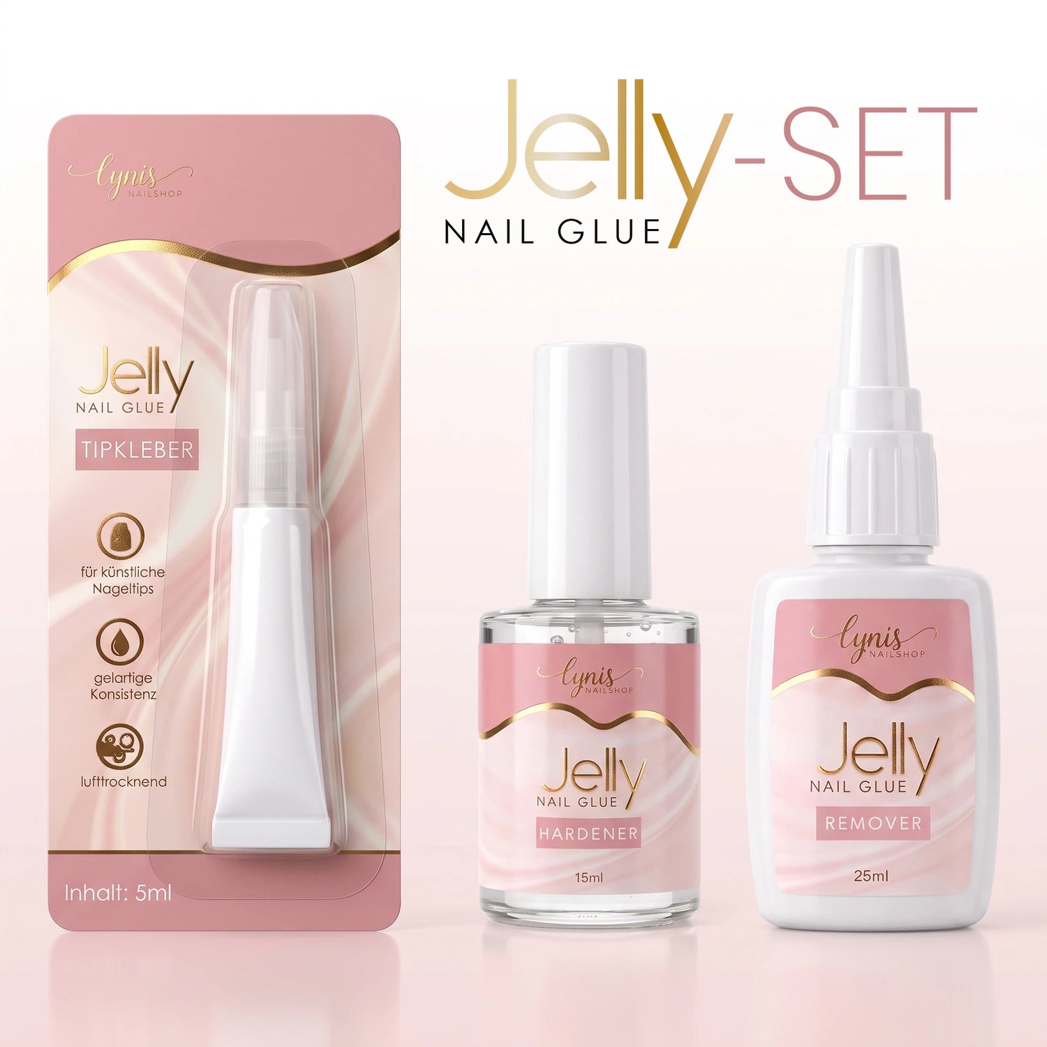 Jelly Nailglue Set, &nbsp;refill gel, aufdr&uuml;ck N&auml;gel, base gel, Basecoat, Basegel, Builder Gel, buildergel, Click it Tips, GelX, Glue Gel, hidden, klebegel, Pinselreinigungsge, press on n&auml;gel, press on nails, Refillgel, Rhinestoneglue, Tip Gel, Verl&auml;ngerungsgel für Nägel im Nageldesign & Nagelstudios