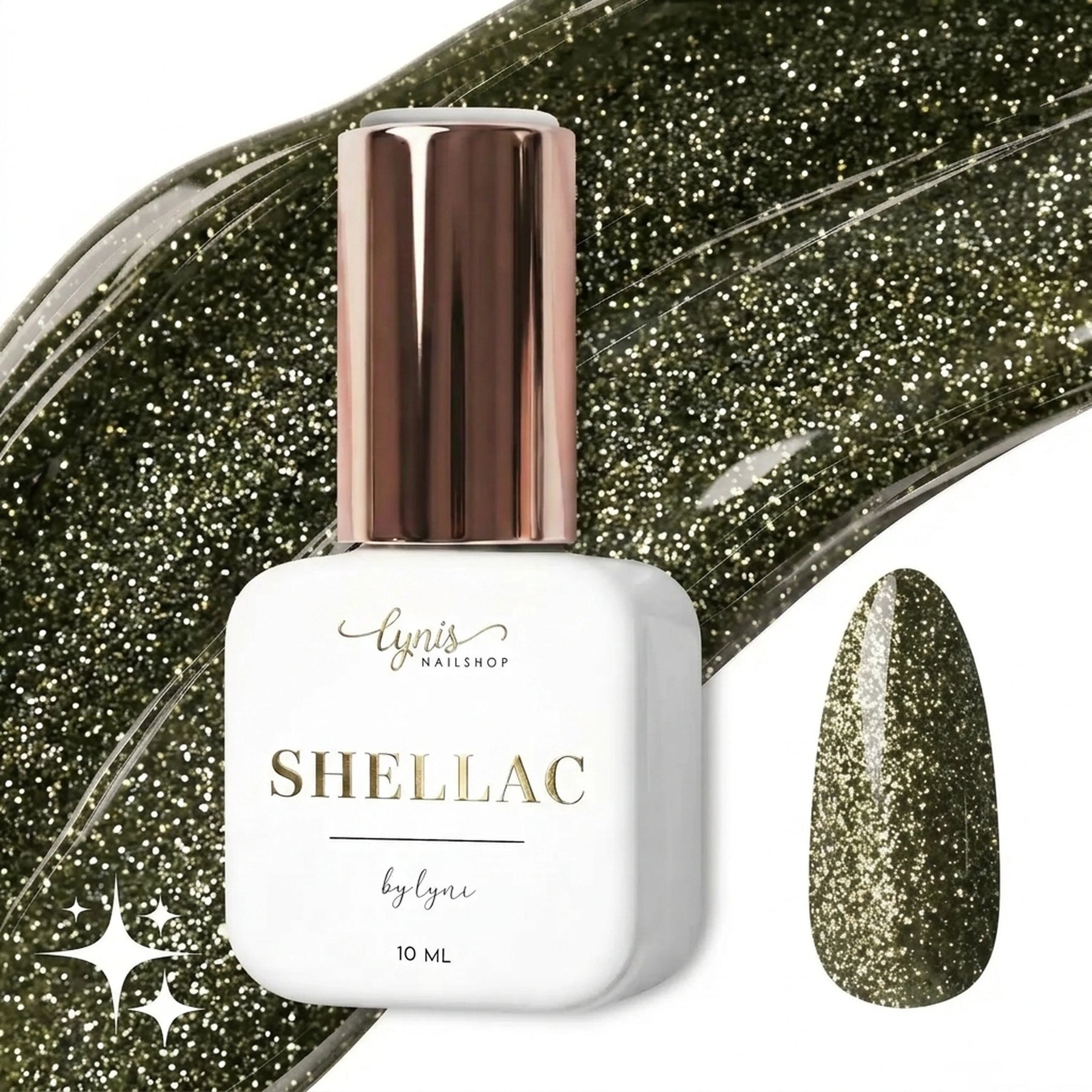 Shellac · Sparkle Autumn Green 10ml, effekt Shellac, funkeln, gellack, gelpolish, glitter, glitzer, glitzer lacke für Nägel im Nageldesign & Nagelstudios